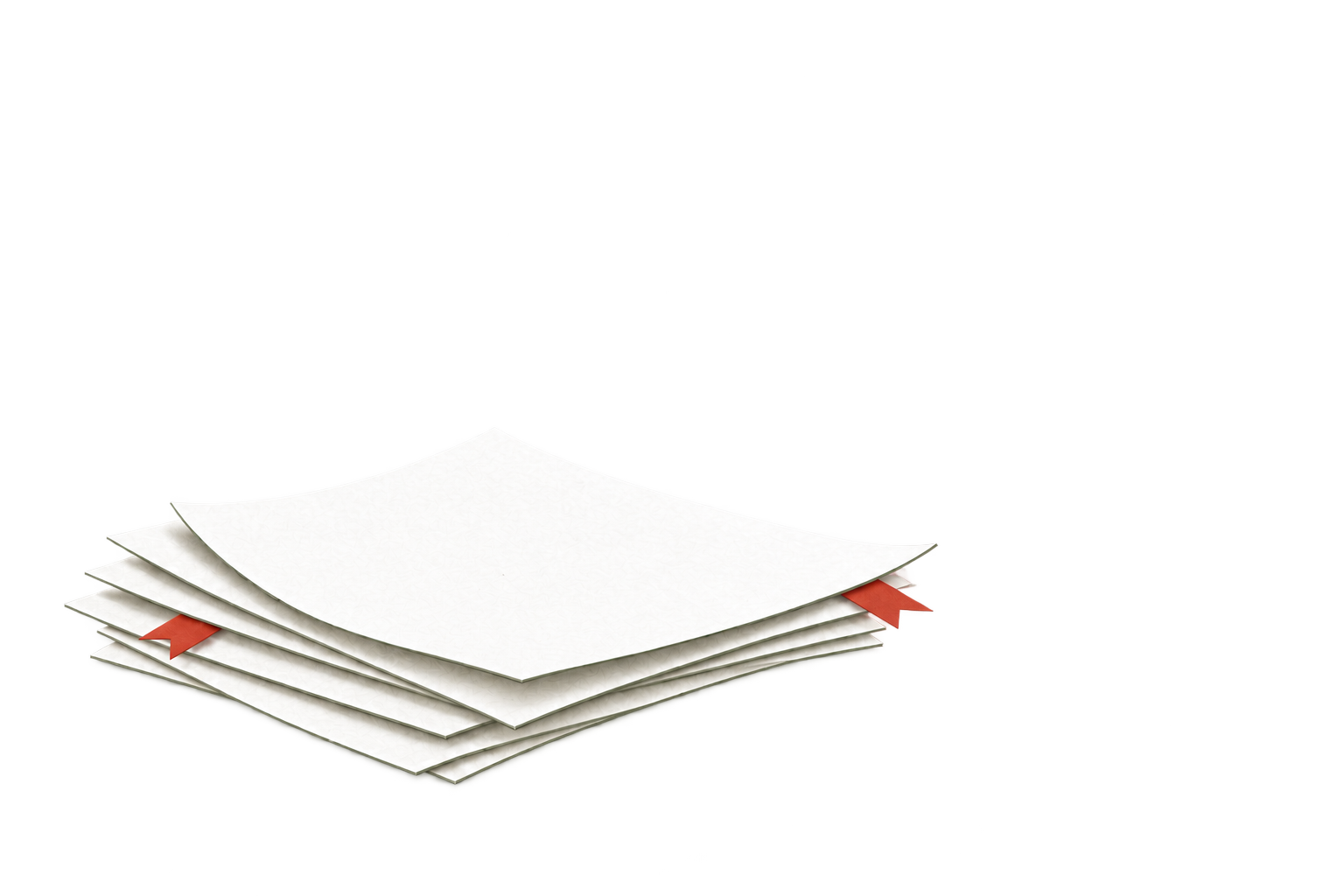 A small stack of papers with two red tabs tucked into different sheets.