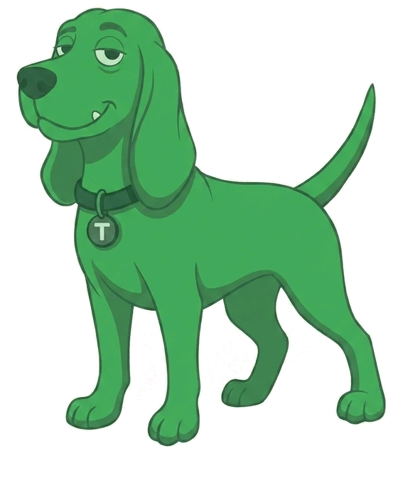 Trusty, the green hound, ready for a business to check
