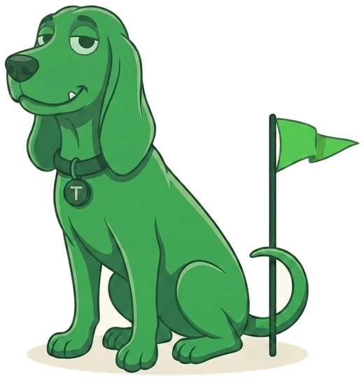 Trusty sitting proud at his green flag
